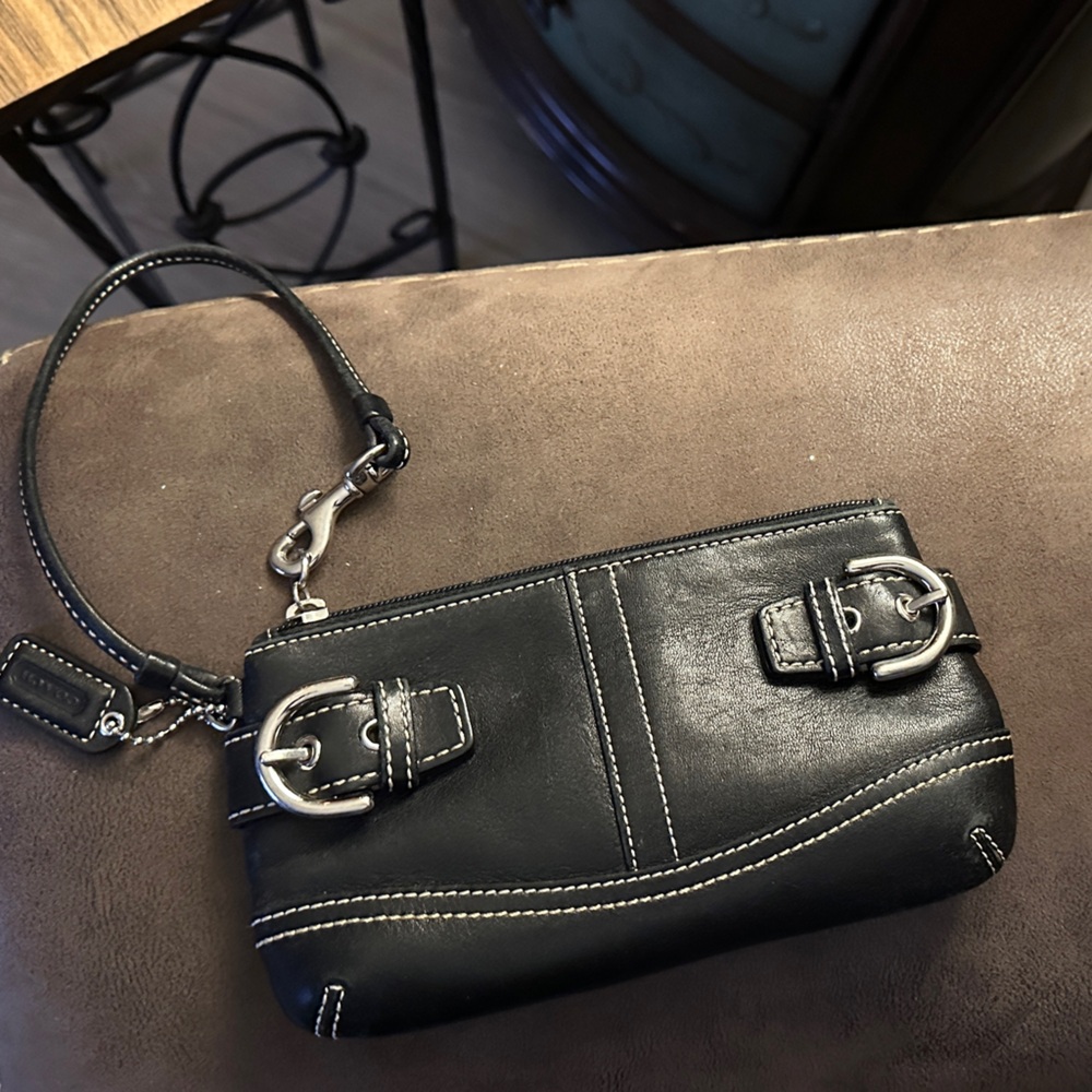 Coach Black Leather Wristlet with Buckle Details